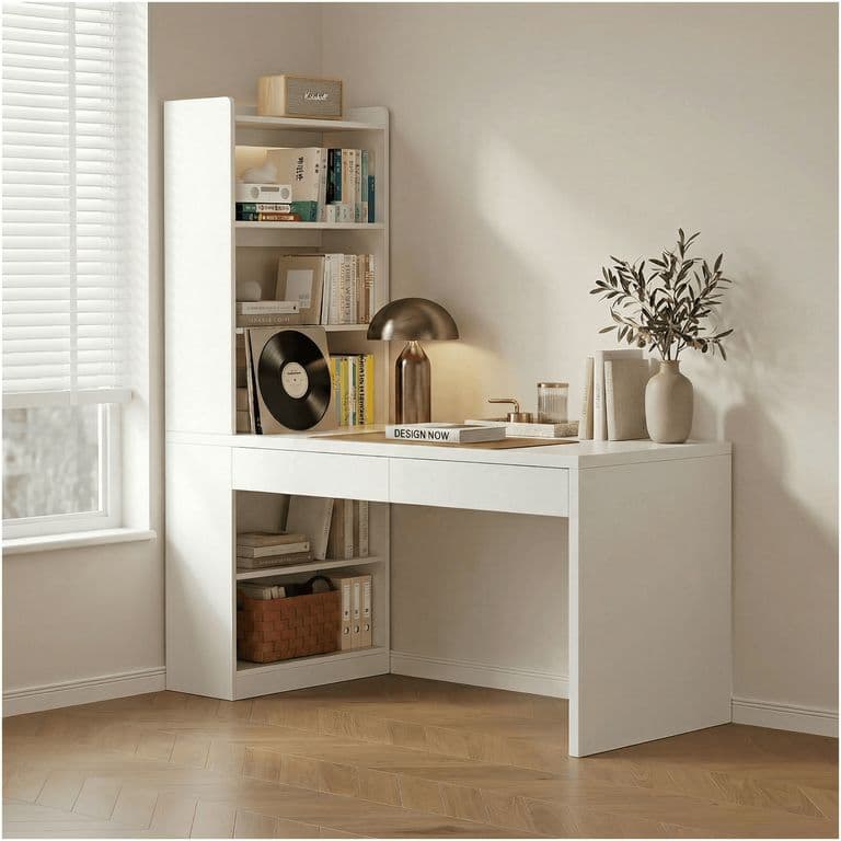 Escritorio Rocio Moderno Con Estanteria Lateral 2 Cajones Blanco