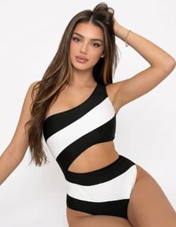 Traje de Bano Entero Asimetrico con Diseno de Franjas - Negro y Blanco Negro S