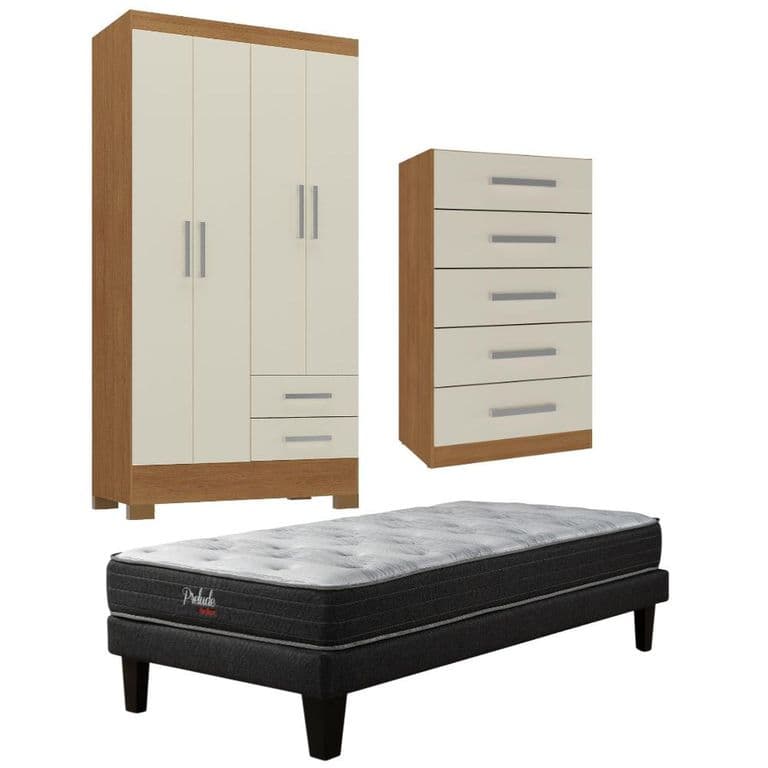 Combo Cama europea Prelude 1.5 plazas + Closet 4 puertas + Comoda 5 Cajones Off White CEP15R4205
