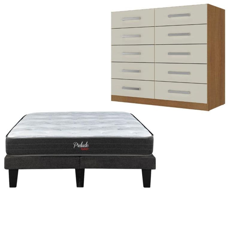 Combo Cama europea prelude 2 plazas + Comoda 10 Cajones Off White CEP20R10