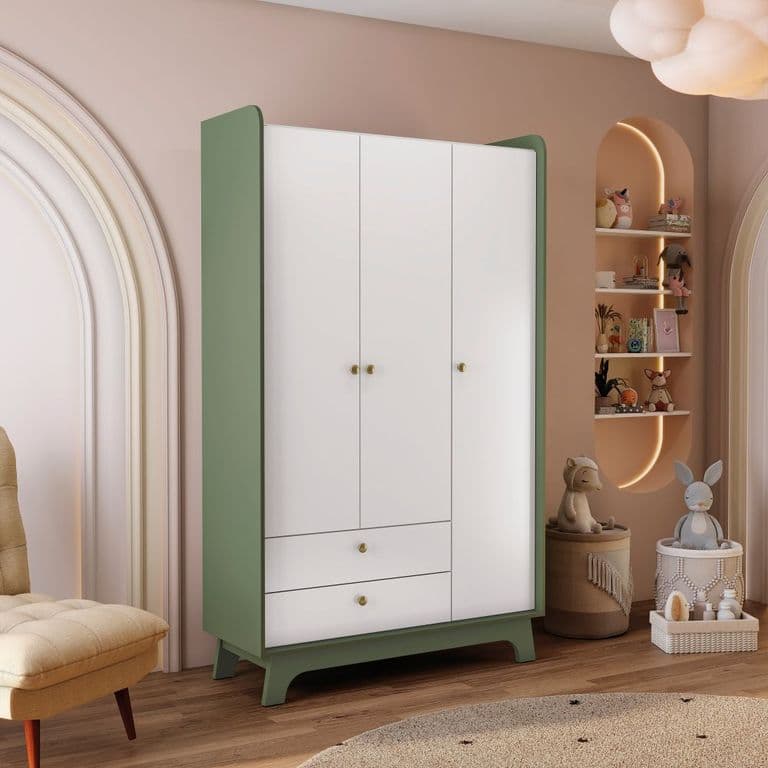 Closet Infantil 3 Puertas + 2 Cajones Blanco-Verde