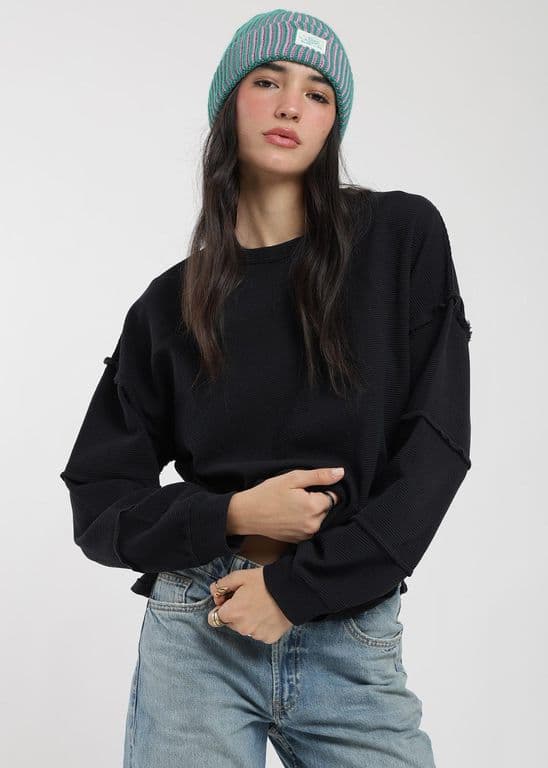 Poleron Cuello Redondo Acanalado Mujer Negro S