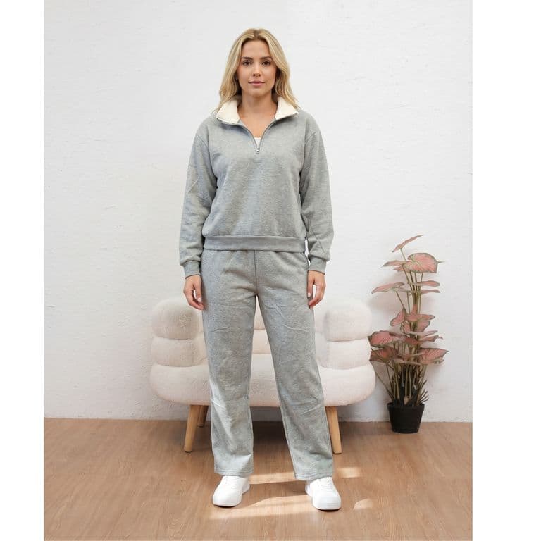 Conjunto Mujer Afranelado Buzo Poleron Invierno Moda 7218 Gris Claro S