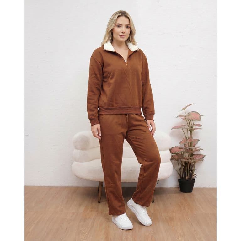 Conjunto Mujer Afranelado Buzo Poleron Invierno Moda 7218 Cafe S