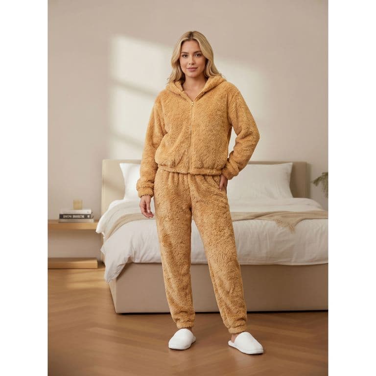 Pijama Mujer 2 Piezas Corderito Pantalon Poleron Con Cierre R209 Beige M/L