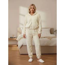 Pijama Mujer 2 Piezas Corderito Pantalon Poleron Con Cierre R209 Blanco M/L