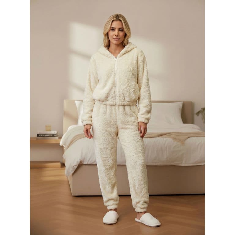 Pijama Mujer 2 Piezas Corderito Pantalon Poleron Con Cierre R209 Blanco M/L