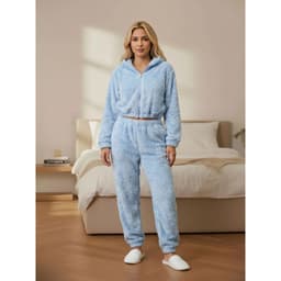 Pijama Mujer 2 Piezas Corderito Pantalon Poleron Con Cierre R209 Celeste XL/2XL