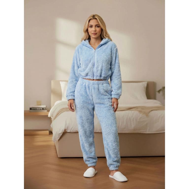 Pijama Mujer 2 Piezas Corderito Pantalon Poleron Con Cierre R209 Celeste XL/2XL