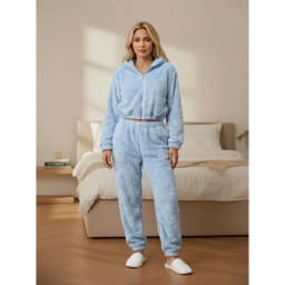 Pijama Mujer 2 Piezas Corderito Pantalon Poleron Con Cierre R209 Celeste M/L