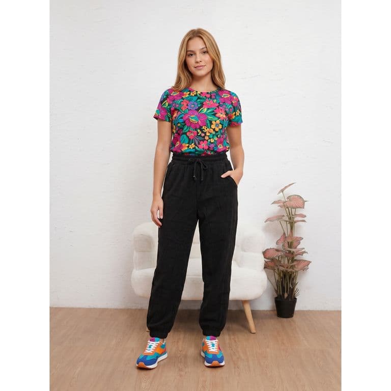 Pantalon Buzo Juvenil Jogger Verano Bolsillos Acanalado A50 Negro M/L