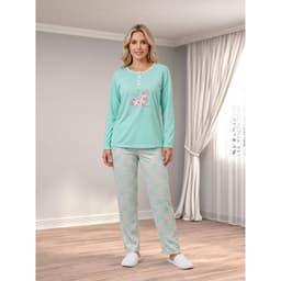 Pijama Mujer Verano Manga Larga Y Pantalon Diseno Mariposa 0462 Turquesa S