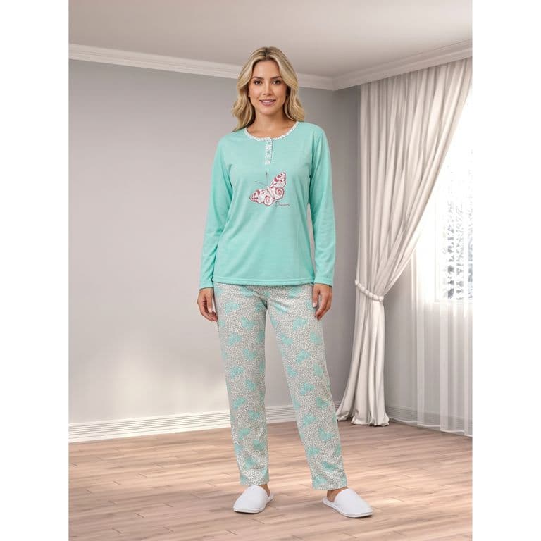 Pijama Mujer Verano Manga Larga Y Pantalon Diseno Mariposa 0462 Turquesa S