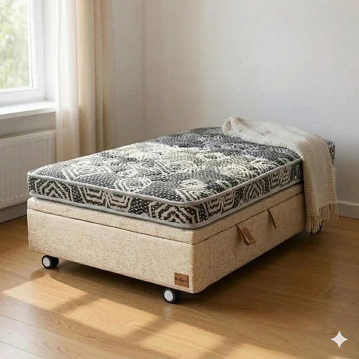 Cama Baul 1.5 Plaza L190 cm + Colchon Modelo Ideal / Con Rueda Pyton (Beige)