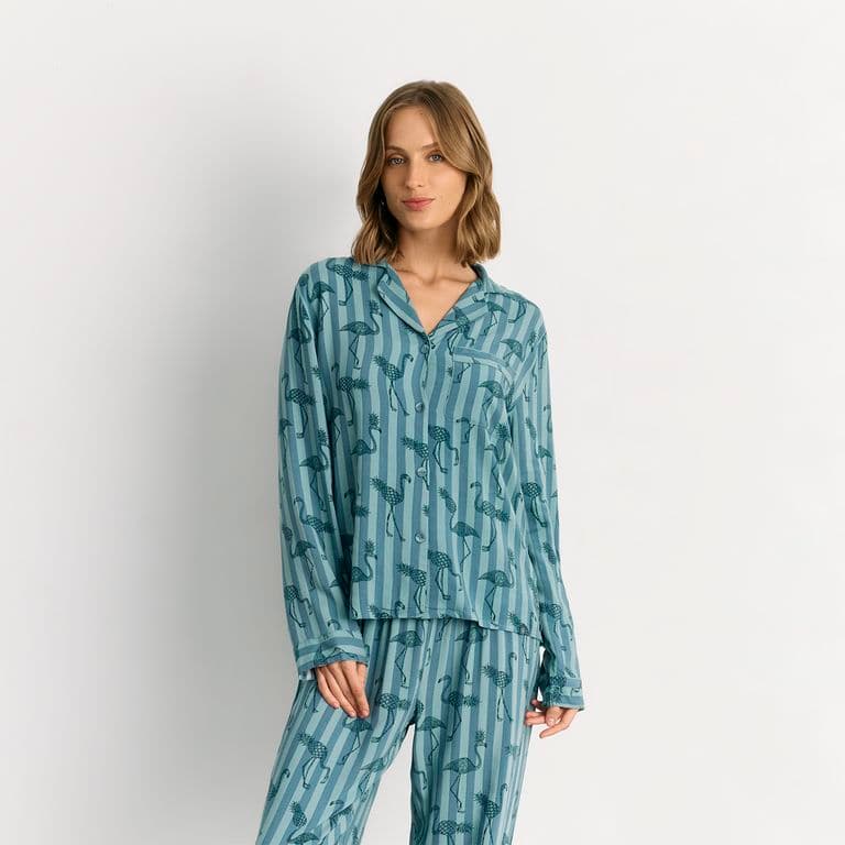 Pijama Camisero Flamencos Verde XS