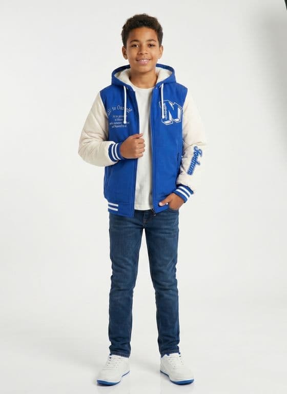 Chaqueta Varsity Bomber Acolchada Capucha Urbana Desmontable Azul 8