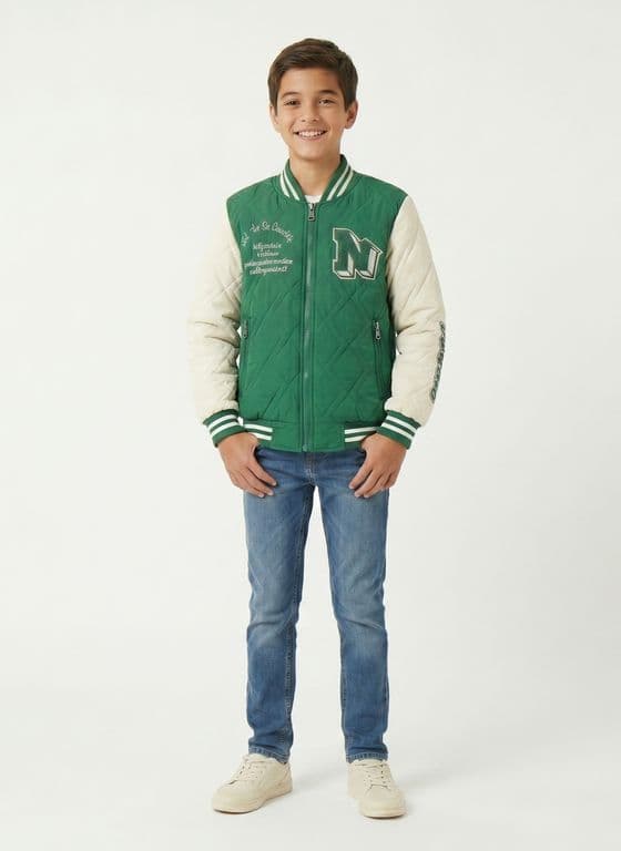 Chaqueta Varsity Bomber Acolchada Capucha Urbana Desmontable Verde 10