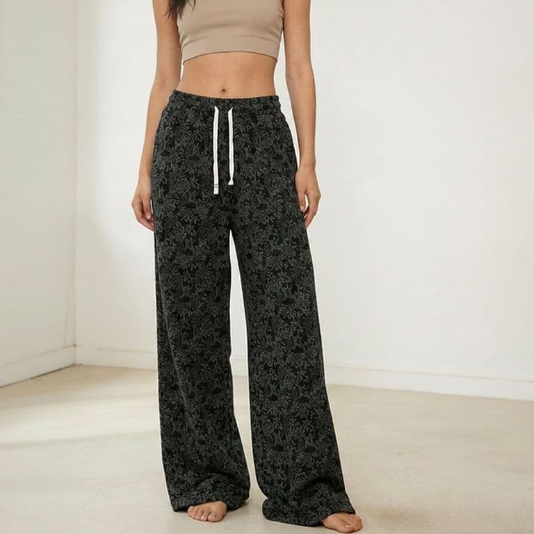 Pantalon de Buzo Algodon Flores Palazzo Termico Forrado En Chiporro Wide Leg Negro XL