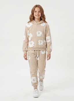 Conjunto Buzo Nina Poleron Canguro Y Jogger Flores 3d Beige 12