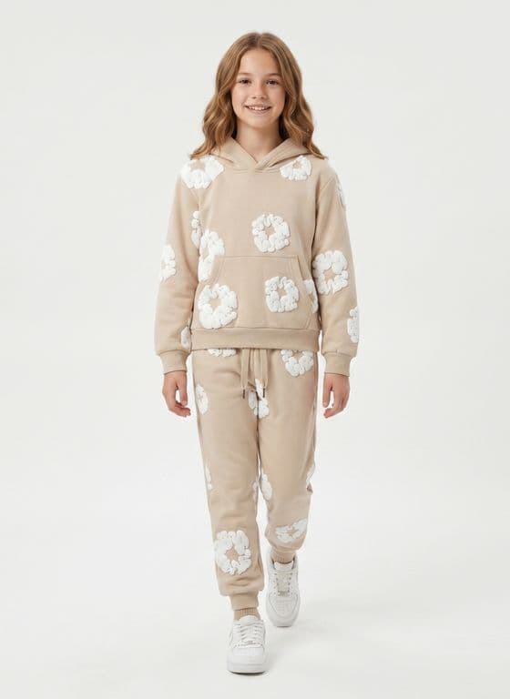 Conjunto Buzo Nina Poleron Canguro Y Jogger Flores 3d Beige 12