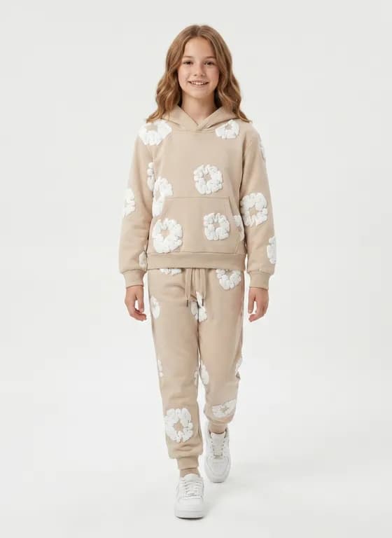 Conjunto Buzo Nina Poleron Canguro Y Jogger Flores 3d Beige 8