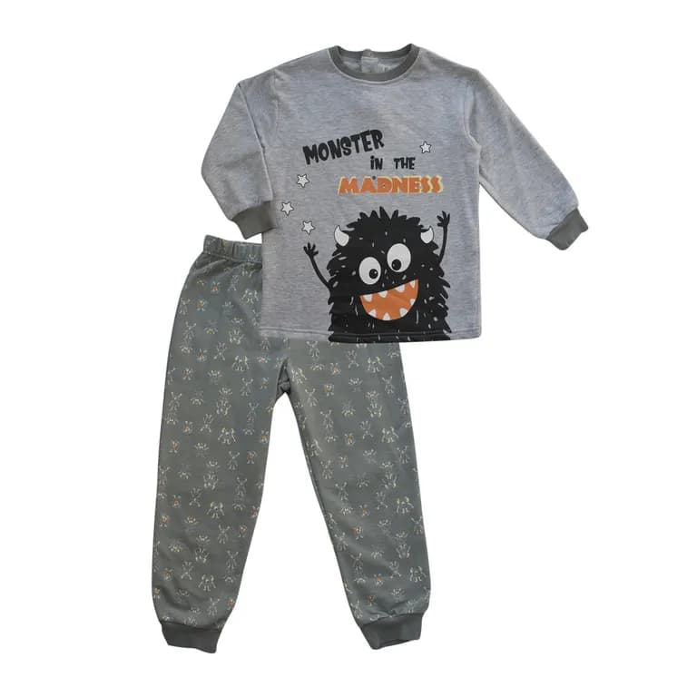 Pijama de Franela Monster Nino 2 Piezas para Frio Gris 4 ANOS