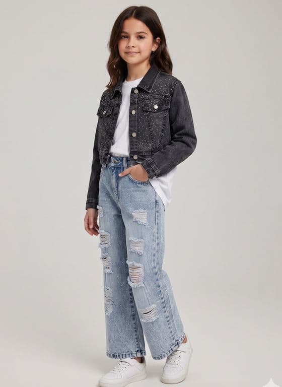 Chaqueta Jeans Con Brillo Nina Mezclilla Strass Corta Negro 6