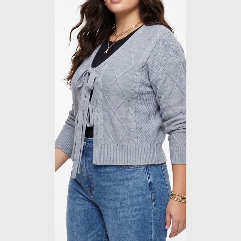 Cardigan Mujer Tejido Trenzado Corto Con Lazos Casual Gris S/M