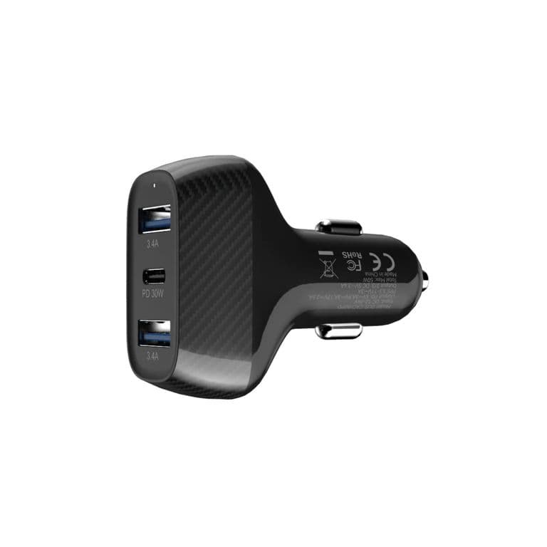 Cargador De Auto Triple 50W con cable 2en1 Negro