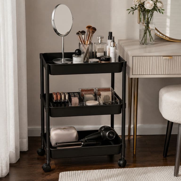 Organizador Con Rueda Maquillaje 3 Niveles Negro Plastico