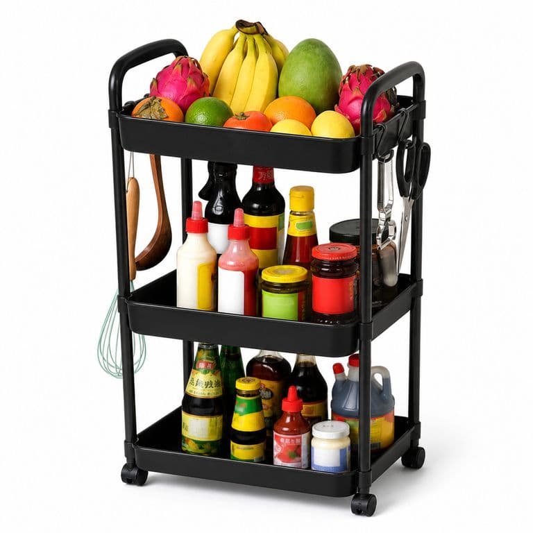 Organizador De Cocina Con Rueda 3 Niveles Negro Plastico 800