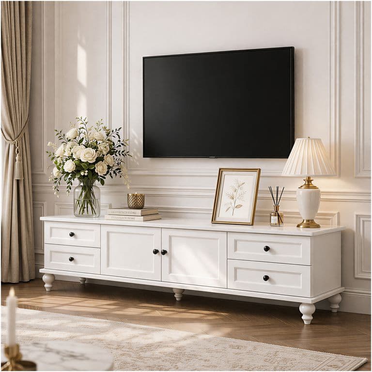 Rack Tv 160x34x42cm Melamina Estilo Europeo Con Patas Blanco