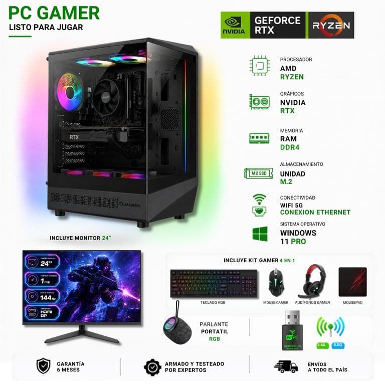 Pc Gamer AMD Ryzen 5 5500 - 16GB RAM - RTX 5050 - 1TB - Wifi (Monitor 24" + Parlante) COC-B.