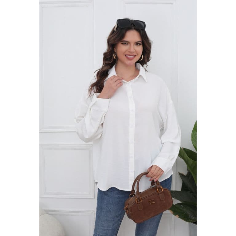 Blusa Holgada Mujer Algodon Manga Larga Semi Formal Botones 0072 Blanco S