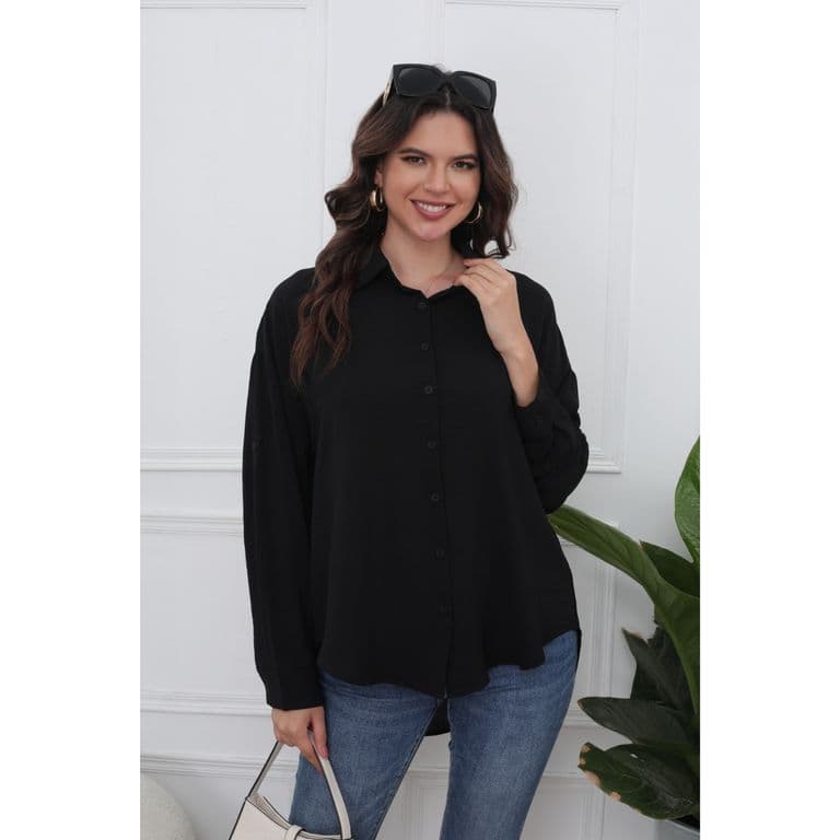 Blusa Holgada Mujer Algodon Manga Larga Semi Formal Botones 0072 Negro M