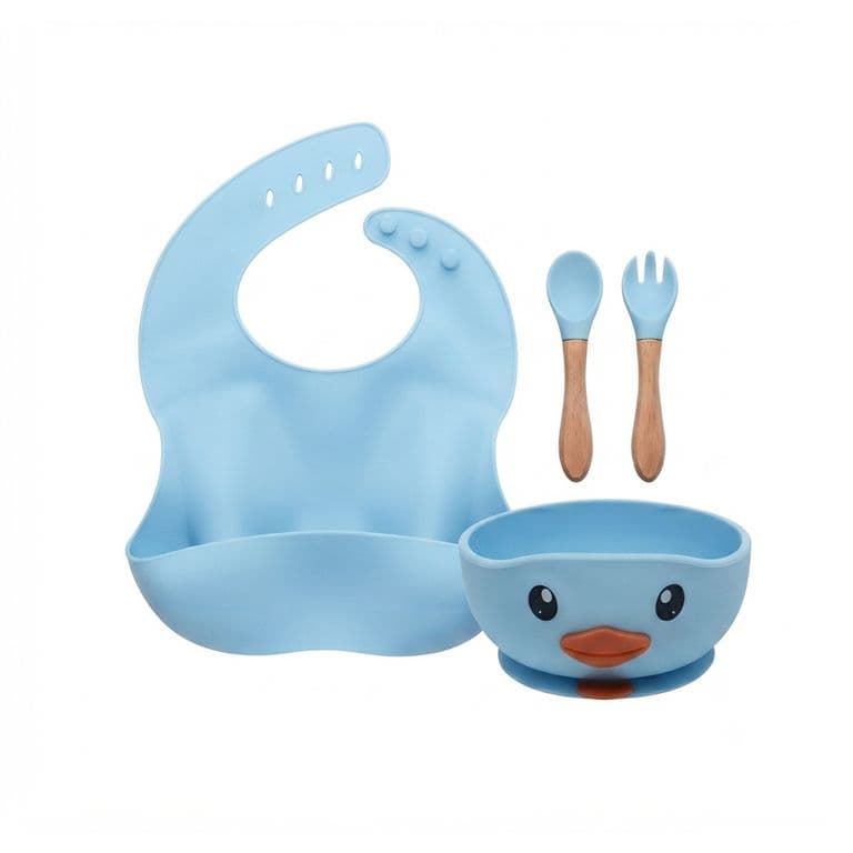 Set De Alimentacion Silicona Bebe 4 Piezas Silicona BPA Free Ventosa Celeste