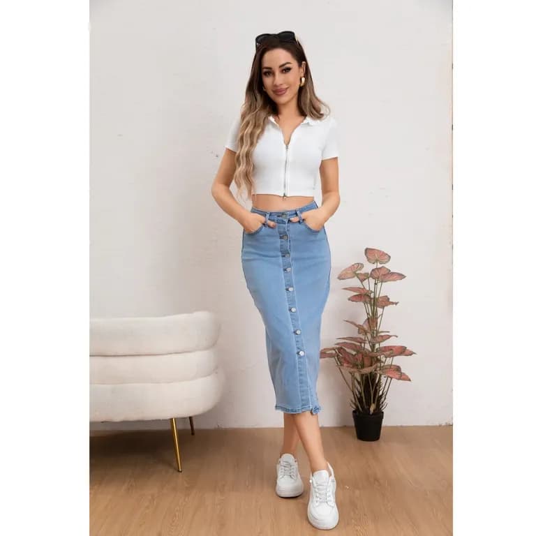 Falda Tubo Larga Mujer Tiro Alto Jeans Elasticada Botones 6008 Celeste M