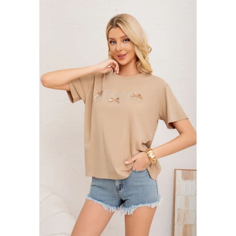 Polera Mujer Algodon Manga Corta Oversize Beauty Con Brillo 2011 Beige M/L