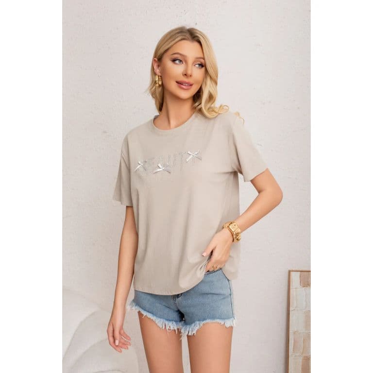 Polera Mujer Algodon Manga Corta Oversize Beauty Con Brillo 2011 Crema M/L