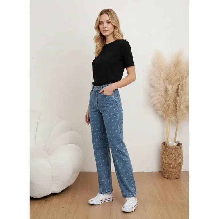 Pantalon Jeans Mujer Wide Leg Tiro Alto Elasticado con Brillos 3034 Celeste 2XL