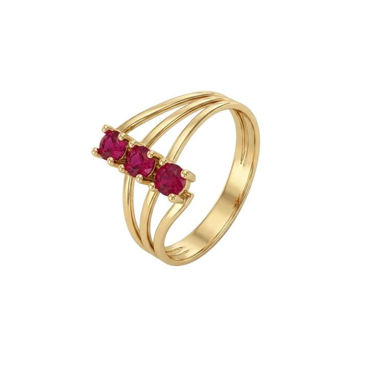 Anillo Oro Miel 18kt Trilogia con Rubi Rosa 12
