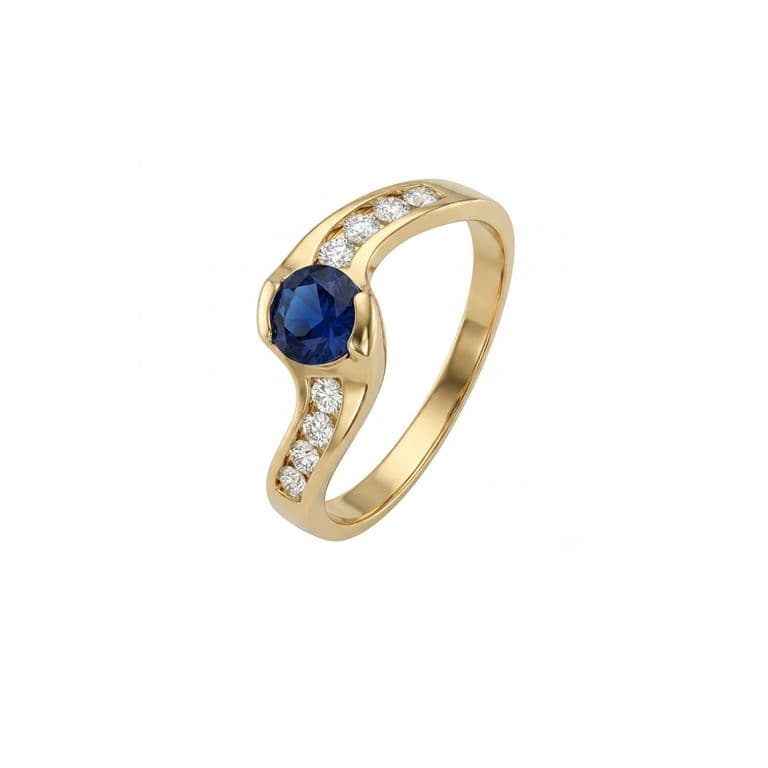 Anillo Oro Miel 18kt Solitario con Circonita Zafiro y Circonitas Blancas Rosa 16