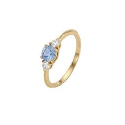 Anillo Oro Miel 18kt Trilogia con Circonita Aguamarina Rosa 19
