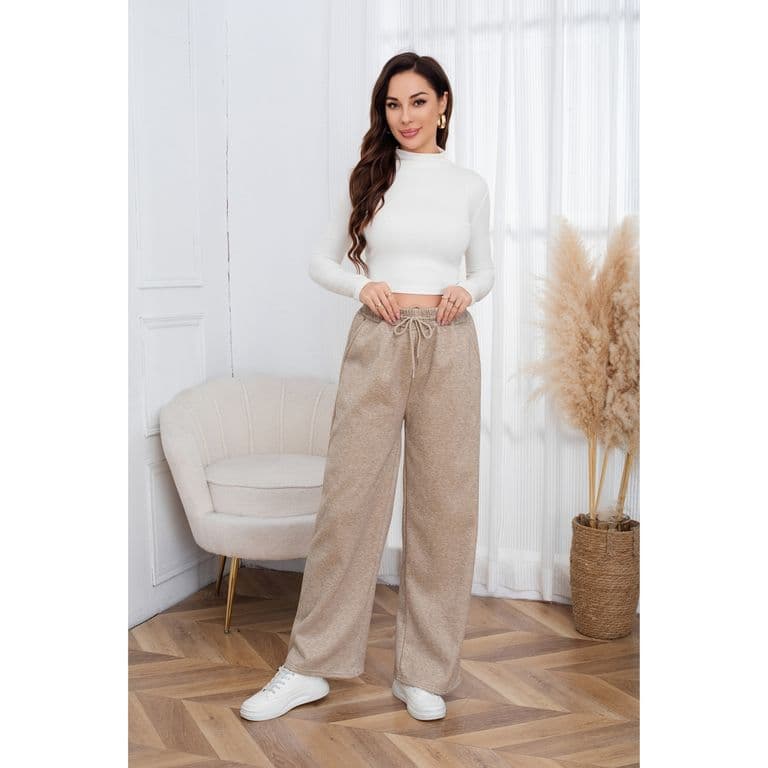 Pantalon Ancho Buzo Mujer Forro Interior Polar Bolsillos Jaspeado 0001 Beige M