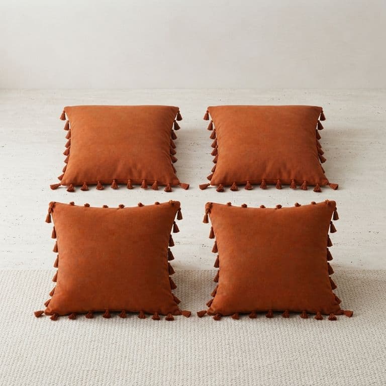 Set 4 Fundas De Cojin 45x45 cm Cafe Cuadradas Con Borlas