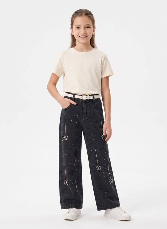 Jeans Wide Leg Con Brillos Mariposas Strass Tiro Alto Negro 8
