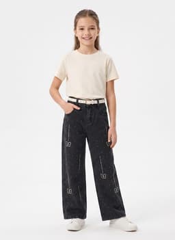 Jeans Wide Leg Con Brillos Mariposas Strass Tiro Alto Negro 6