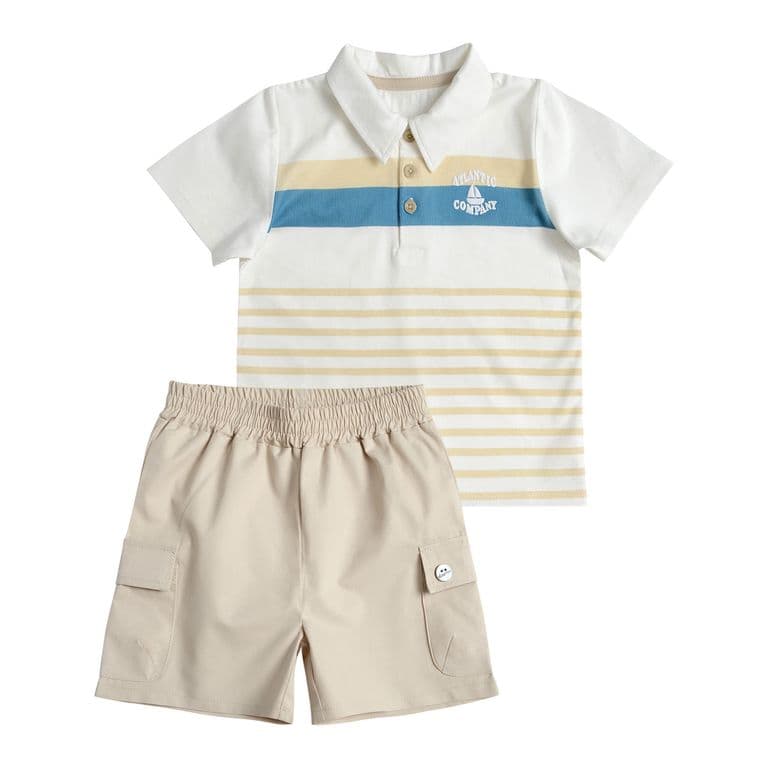 Conjunto Polera y Bermuda Gabardina Bebe Nino Beige 6 MESES