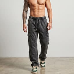 Pantalon Buzo Ancho Cargo Hombre Acid Wash Negro L