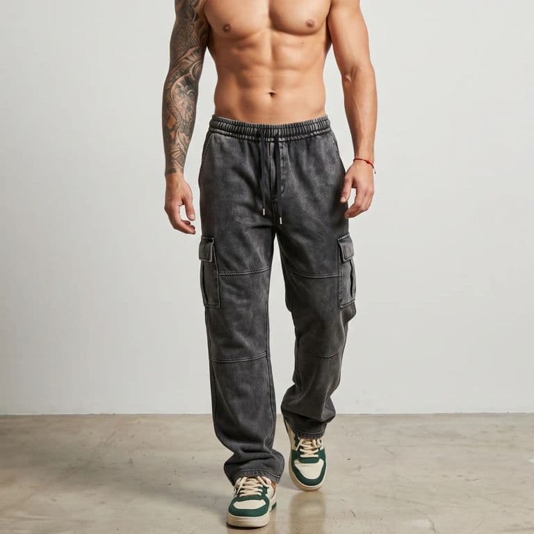 Pantalon Buzo Ancho Cargo Hombre Acid Wash Negro L